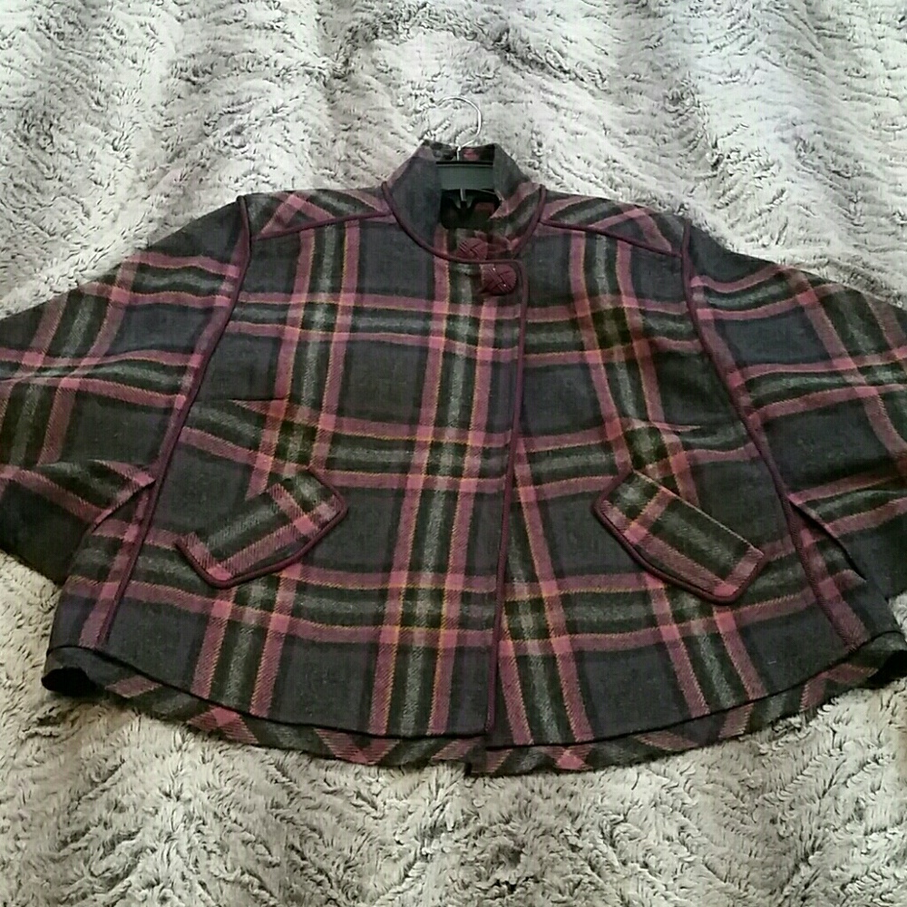 Purple plaid wool cape with faux pockets